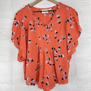 ANTHROPOLOGIE Maeve Maya Tunic Top Size 0 Coral Pink Floral Flutter Sleeve Rayon